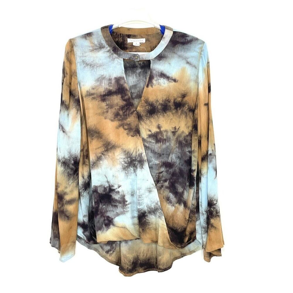 Loveriche Boho Wrap Top Brown Blue Tie Dye Bell Sleeves V Cutout Size Small